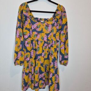 Jodifl Floral Long Sleeve Pocket Dress Daisy Sweetheart Neckline Bubble Sleeve S